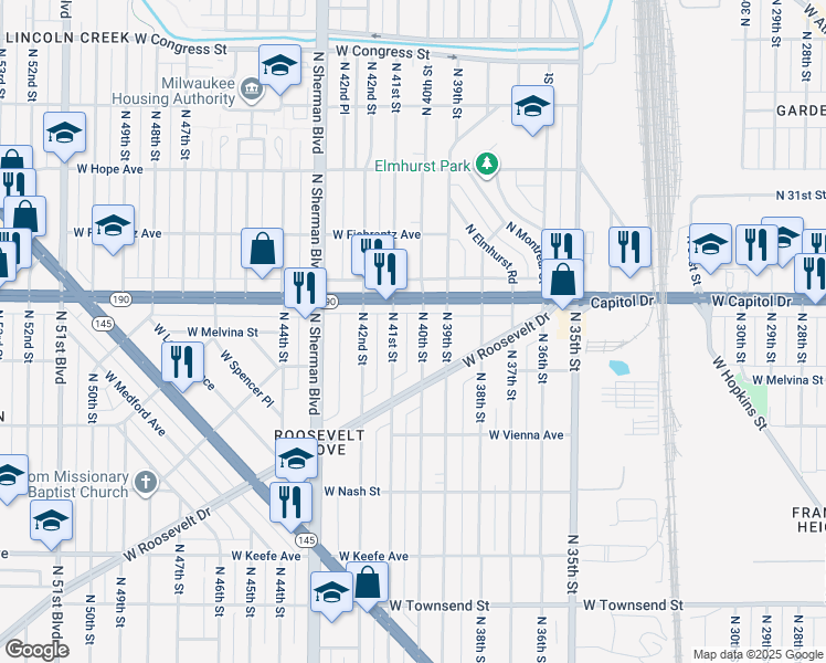 map of restaurants, bars, coffee shops, grocery stores, and more near 3942 North 40th Street in Milwaukee