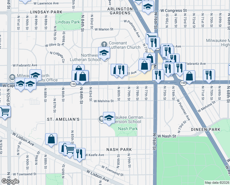 map of restaurants, bars, coffee shops, grocery stores, and more near 3941 North 80th Street in Milwaukee