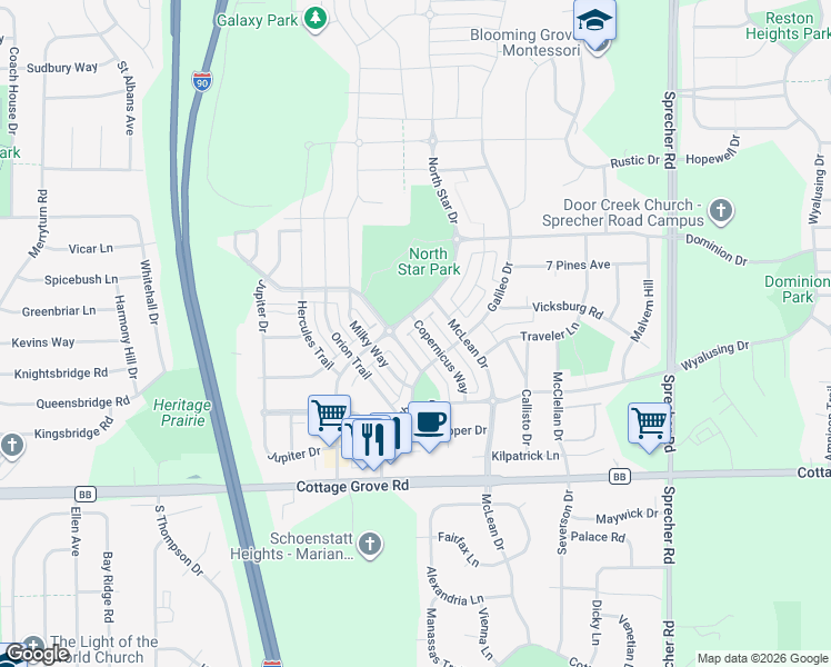 map of restaurants, bars, coffee shops, grocery stores, and more near 633 North Star Drive in Madison