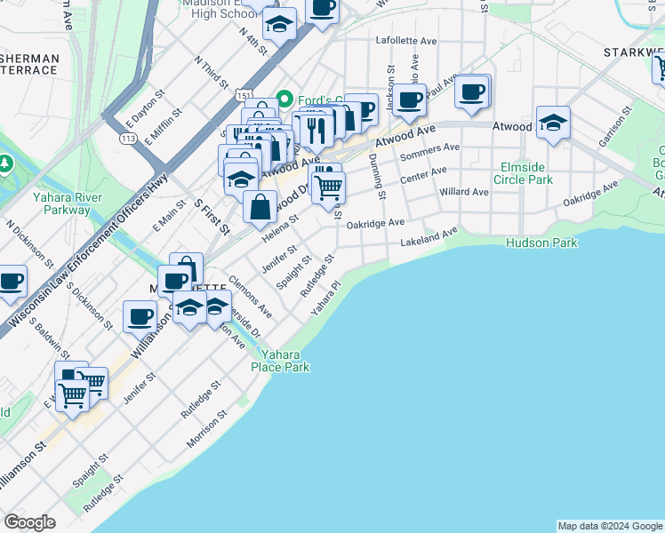 map of restaurants, bars, coffee shops, grocery stores, and more near 1870 Rutledge Street in Madison