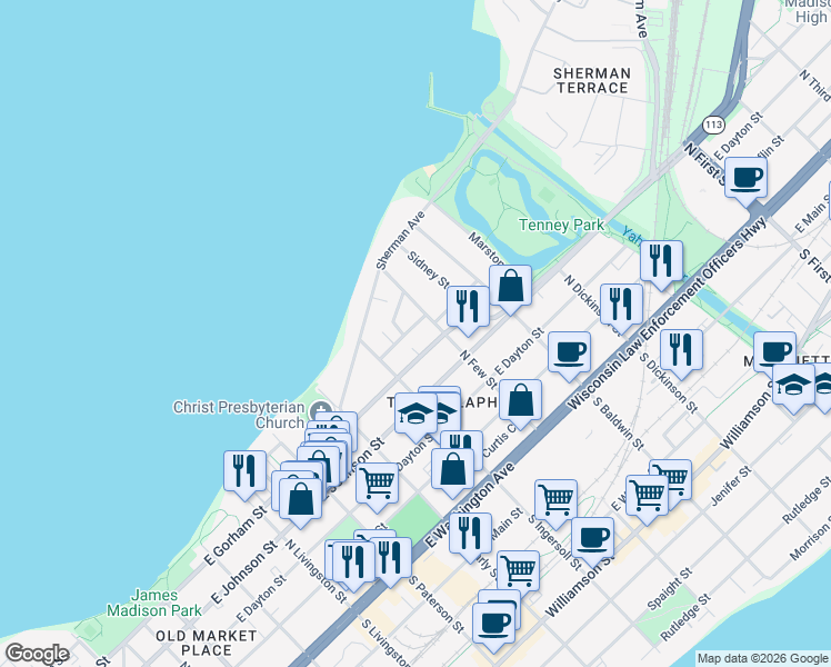 map of restaurants, bars, coffee shops, grocery stores, and more near 1137 Elizabeth Street in Madison