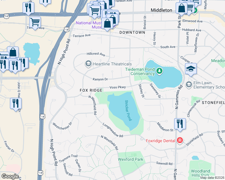 map of restaurants, bars, coffee shops, grocery stores, and more near 7425 Voss Parkway in Middleton