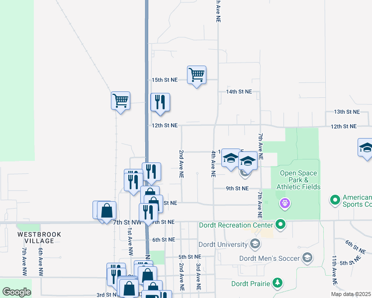 map of restaurants, bars, coffee shops, grocery stores, and more near 216 11th Street Northeast in Sioux Center