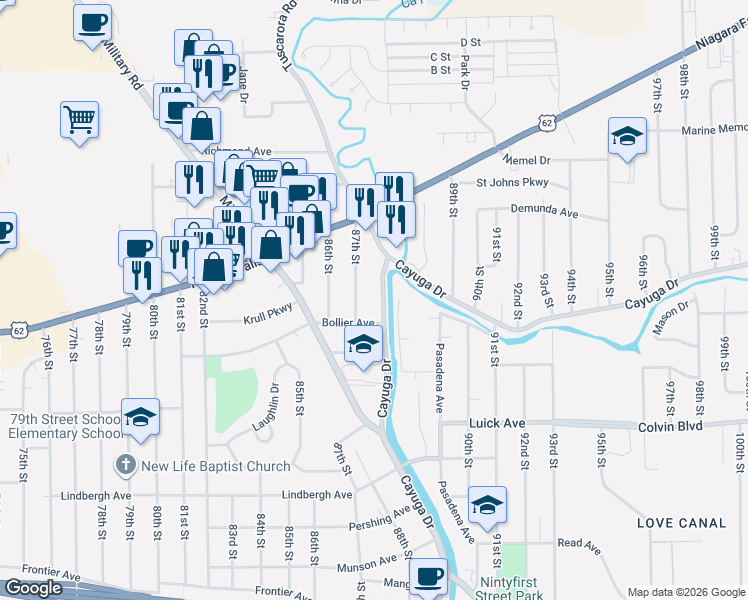 map of restaurants, bars, coffee shops, grocery stores, and more near 1224 Cayuga Drive in Niagara Falls