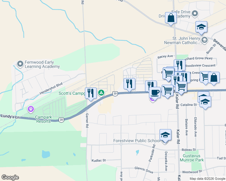 map of restaurants, bars, coffee shops, grocery stores, and more near 8845 Lundy's Lane in Niagara Falls