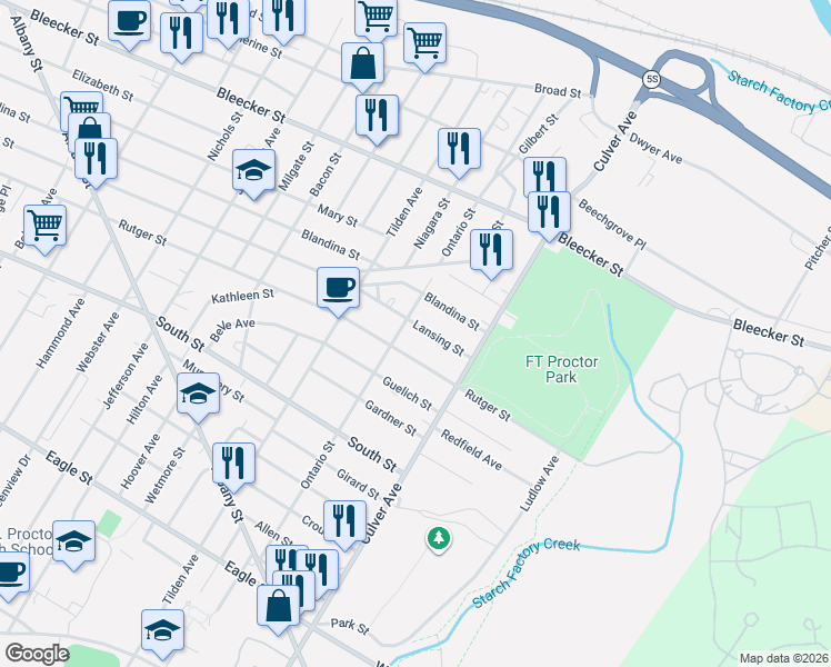 map of restaurants, bars, coffee shops, grocery stores, and more near 1623 Rutger Street in Utica