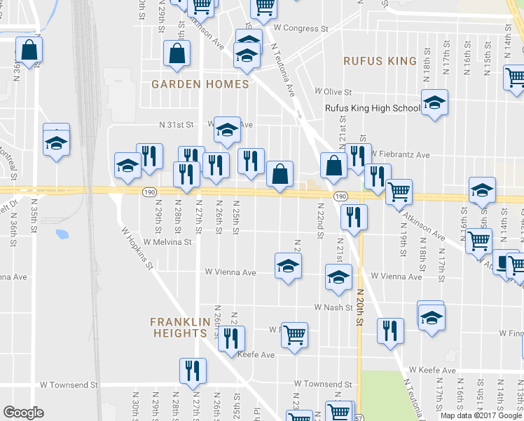 map of restaurants, bars, coffee shops, grocery stores, and more near 3940 North 24th Place in Milwaukee