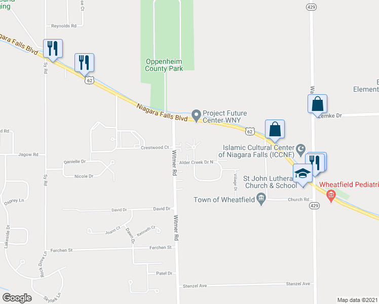 map of restaurants, bars, coffee shops, grocery stores, and more near 2712 Oppenheim Court in North Tonawanda