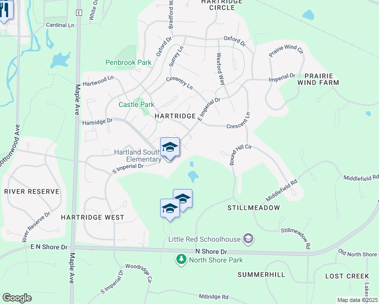 map of restaurants, bars, coffee shops, grocery stores, and more near 717 Princeton Court in Hartland