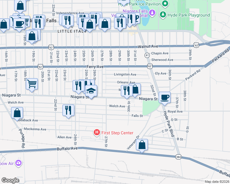 map of restaurants, bars, coffee shops, grocery stores, and more near 2747 Monroe Ave in Niagara Falls
