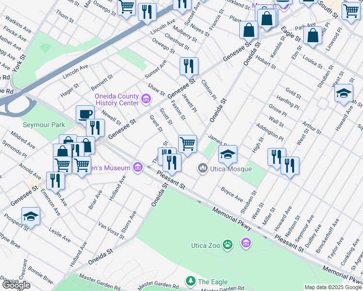map of restaurants, bars, coffee shops, grocery stores, and more near 44 Scott St in Utica