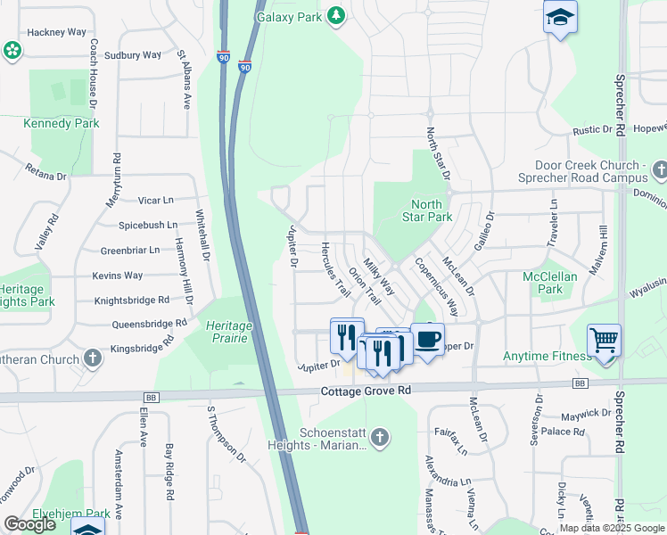 map of restaurants, bars, coffee shops, grocery stores, and more near 627 Hercules Trail in Madison