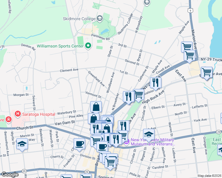 map of restaurants, bars, coffee shops, grocery stores, and more near 23 Greenfield Avenue in Saratoga Springs