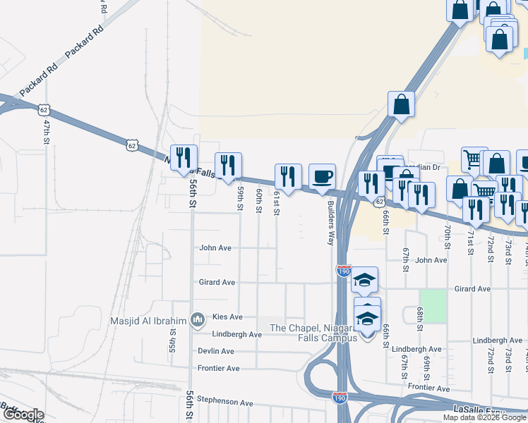 map of restaurants, bars, coffee shops, grocery stores, and more near 758 60th Street in Niagara Falls
