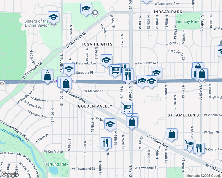 map of restaurants, bars, coffee shops, grocery stores, and more near 9350 West Melvina Street in Milwaukee