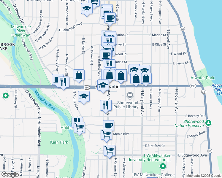 map of restaurants, bars, coffee shops, grocery stores, and more near 3975 North Cramer Street in Shorewood