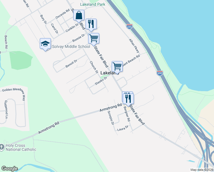 map of restaurants, bars, coffee shops, grocery stores, and more near 300 Church Street in Solvay