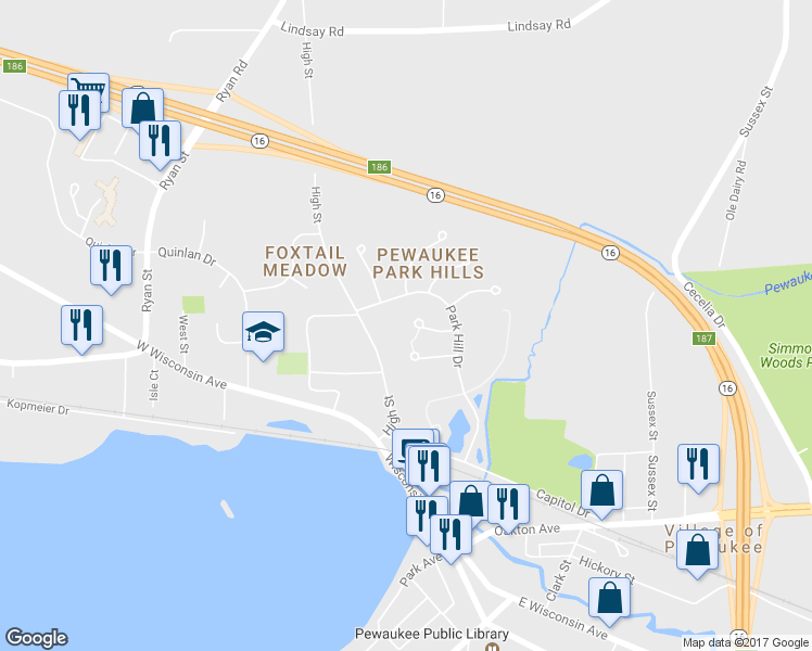map of restaurants, bars, coffee shops, grocery stores, and more near 115 Ridge Court in Pewaukee