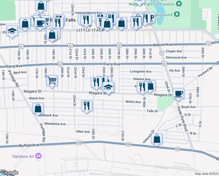 map of restaurants, bars, coffee shops, grocery stores, and more near 416 26th Street in Niagara Falls