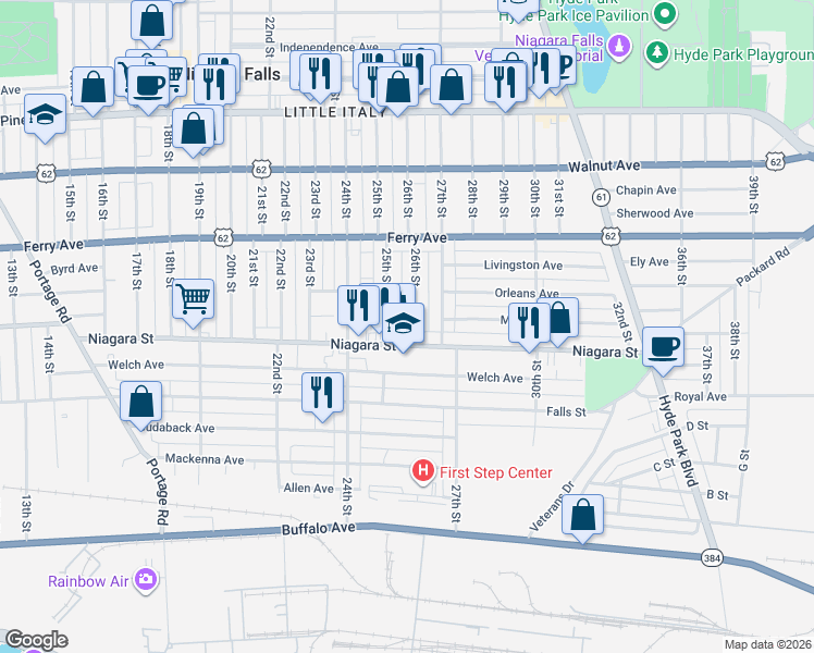map of restaurants, bars, coffee shops, grocery stores, and more near 416 26th Street in Niagara Falls