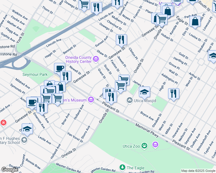 map of restaurants, bars, coffee shops, grocery stores, and more near 22 Grant St in Utica