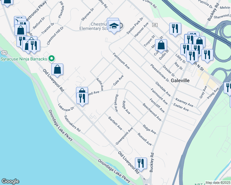 map of restaurants, bars, coffee shops, grocery stores, and more near 313 Russell Avenue in Liverpool
