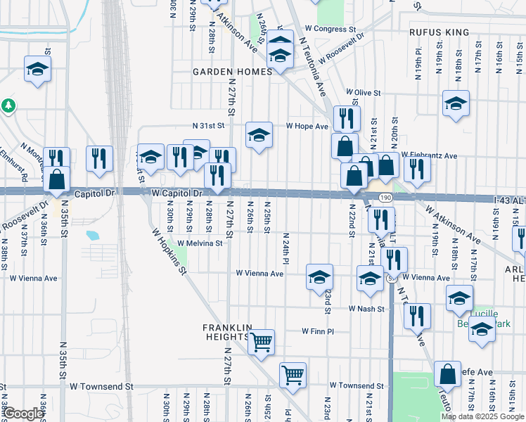 map of restaurants, bars, coffee shops, grocery stores, and more near 3941 North 25th Street in Milwaukee