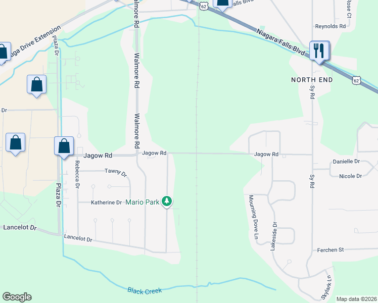 map of restaurants, bars, coffee shops, grocery stores, and more near 2347 Jagow Road in Niagara Falls