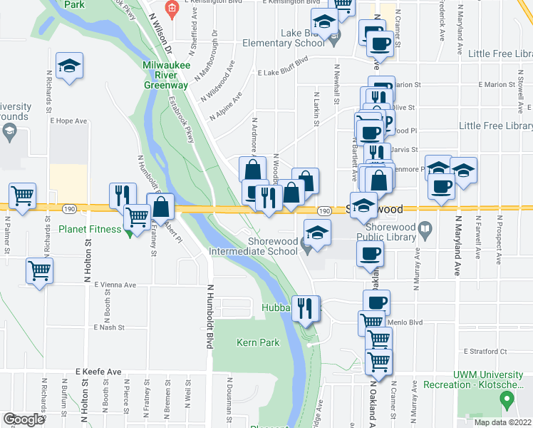 map of restaurants, bars, coffee shops, grocery stores, and more near 1325 Wisconsin 190 in Shorewood