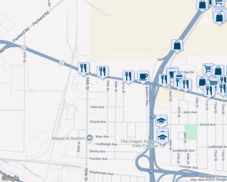map of restaurants, bars, coffee shops, grocery stores, and more near 758 60th Street in Niagara Falls