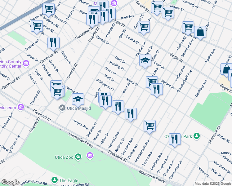 map of restaurants, bars, coffee shops, grocery stores, and more near 1547 Steuben Street in Utica