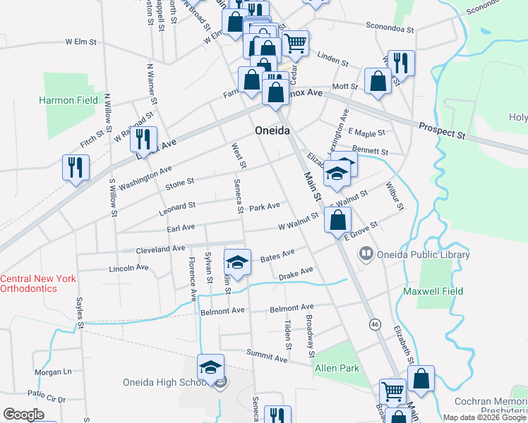 map of restaurants, bars, coffee shops, grocery stores, and more near 221 Park Avenue in Oneida