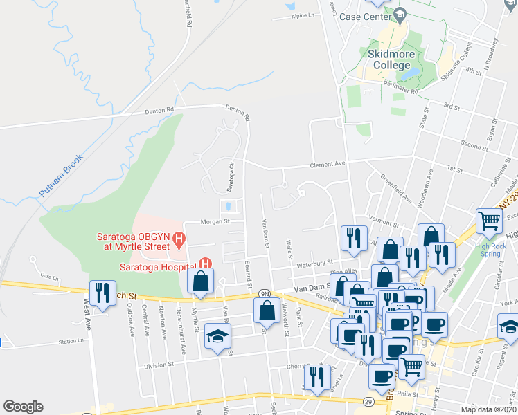 map of restaurants, bars, coffee shops, grocery stores, and more near 57 Van Dorn Street in Saratoga Springs