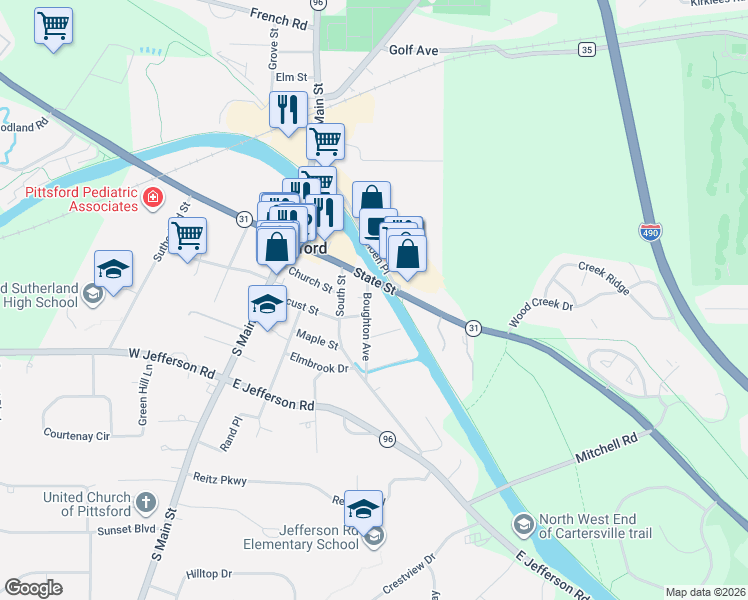 map of restaurants, bars, coffee shops, grocery stores, and more near 8 Boughton Avenue in Pittsford