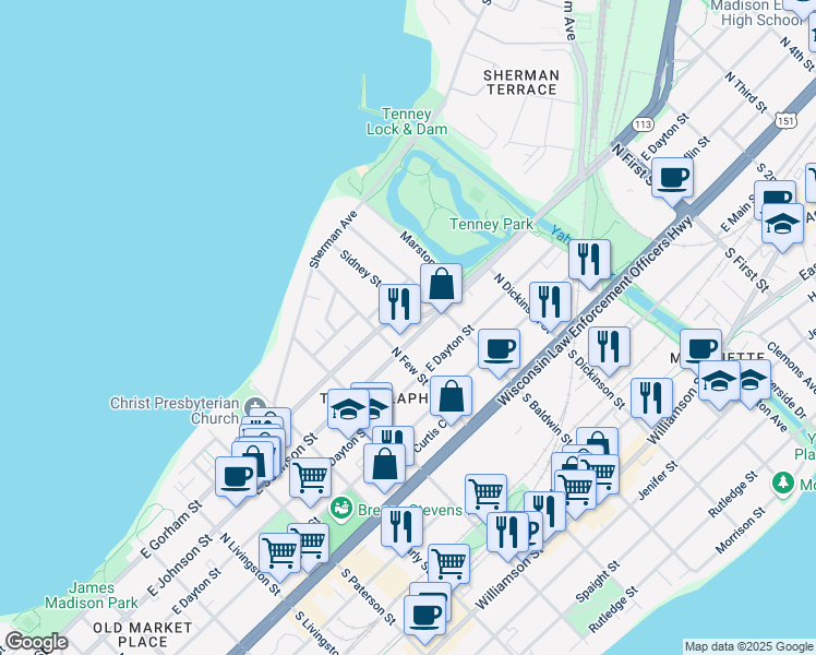 map of restaurants, bars, coffee shops, grocery stores, and more near 1225 E Gorham St in Madison