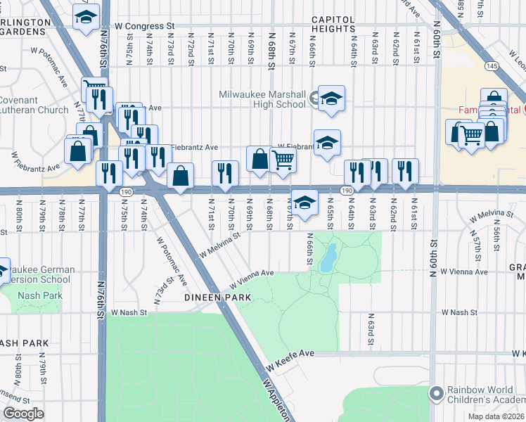 map of restaurants, bars, coffee shops, grocery stores, and more near 3937 North 68th Street in Milwaukee