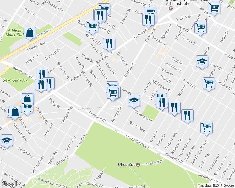 map of restaurants, bars, coffee shops, grocery stores, and more near 1623 Oneida St in Utica