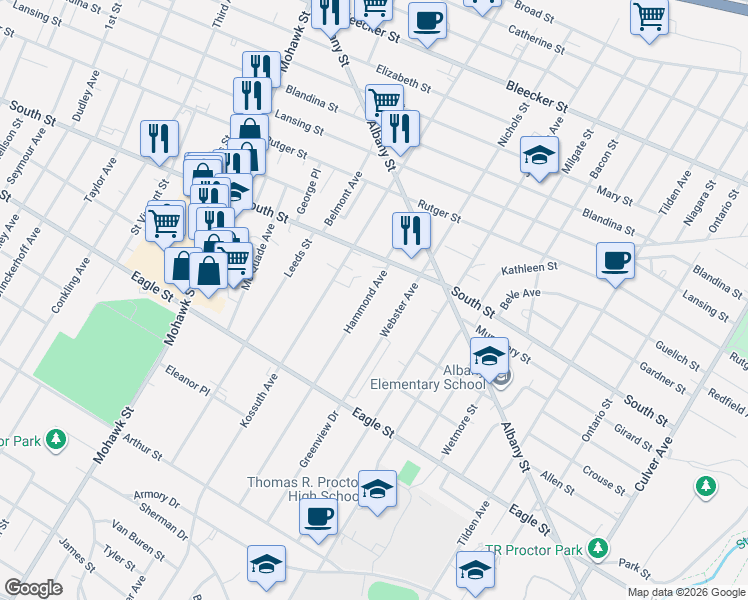 map of restaurants, bars, coffee shops, grocery stores, and more near 1121 Hammond Avenue in Utica