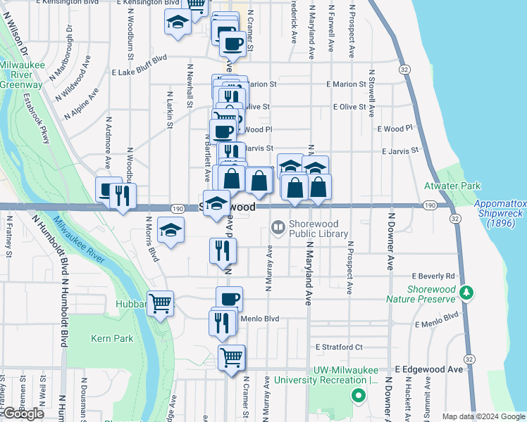 map of restaurants, bars, coffee shops, grocery stores, and more near 3955 North Murray Avenue in Shorewood