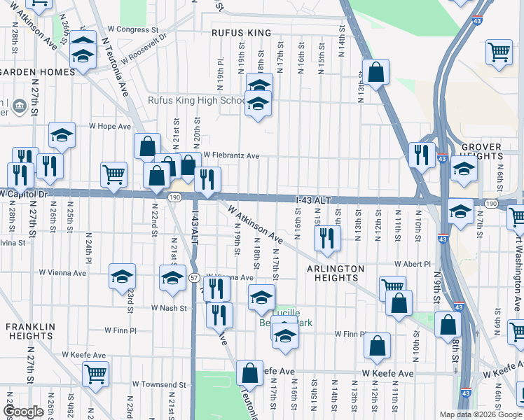 map of restaurants, bars, coffee shops, grocery stores, and more near 3952 North 18th Street in Milwaukee