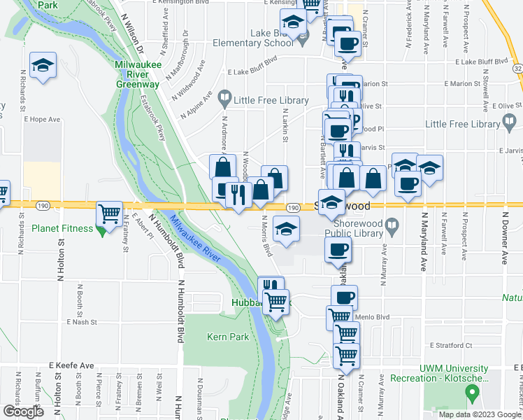 map of restaurants, bars, coffee shops, grocery stores, and more near 1433 Wisconsin 190 in Shorewood