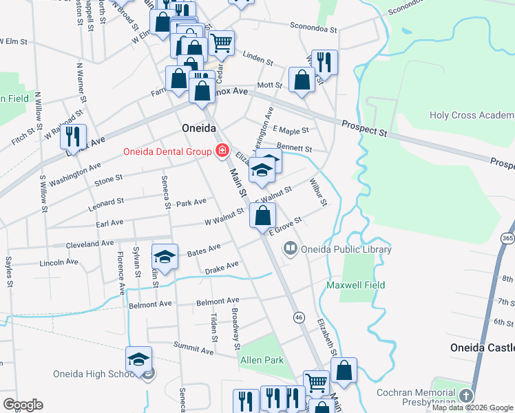 map of restaurants, bars, coffee shops, grocery stores, and more near 401 Main Street in Oneida