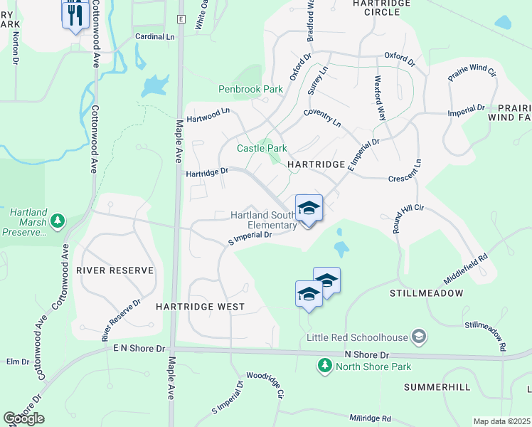 map of restaurants, bars, coffee shops, grocery stores, and more near 624 Dundee Lane in Hartland