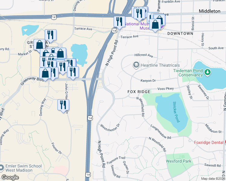 map of restaurants, bars, coffee shops, grocery stores, and more near 1501 Sunset Court in Middleton