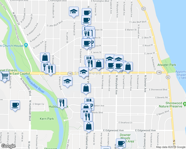 map of restaurants, bars, coffee shops, grocery stores, and more near 3975 North Cramer Street in Milwaukee