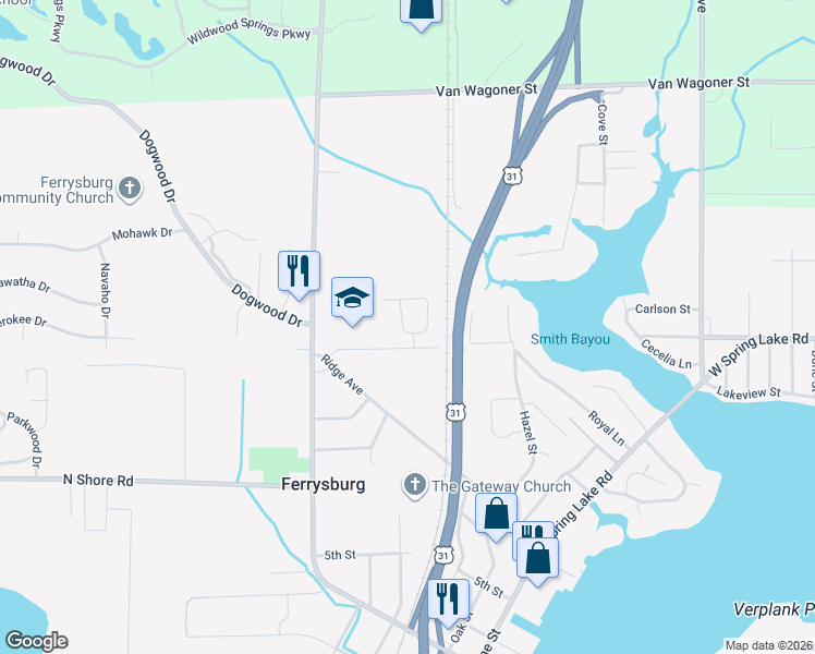 map of restaurants, bars, coffee shops, grocery stores, and more near 17638 Dustin Drive in Spring Lake
