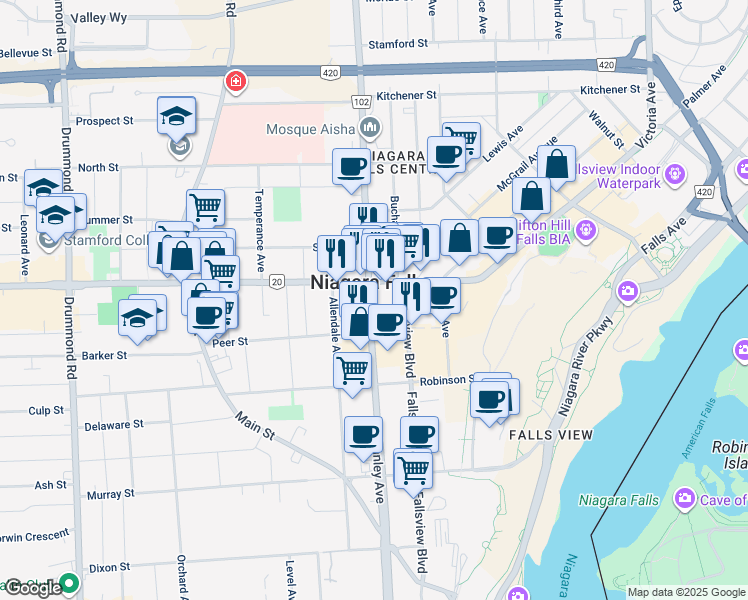map of restaurants, bars, coffee shops, grocery stores, and more near 5914 Stanley Avenue in Niagara Falls