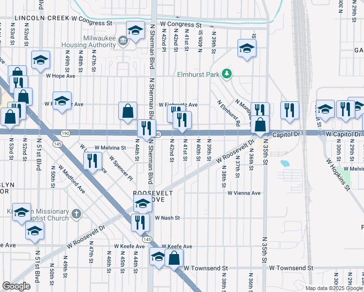 map of restaurants, bars, coffee shops, grocery stores, and more near 3945 North 41st Street in Milwaukee