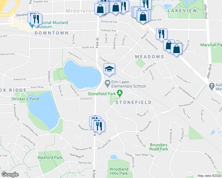 map of restaurants, bars, coffee shops, grocery stores, and more near 6701 Woodgate Road in Middleton