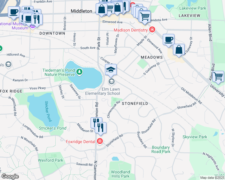 map of restaurants, bars, coffee shops, grocery stores, and more near 6701 Woodgate Road in Middleton